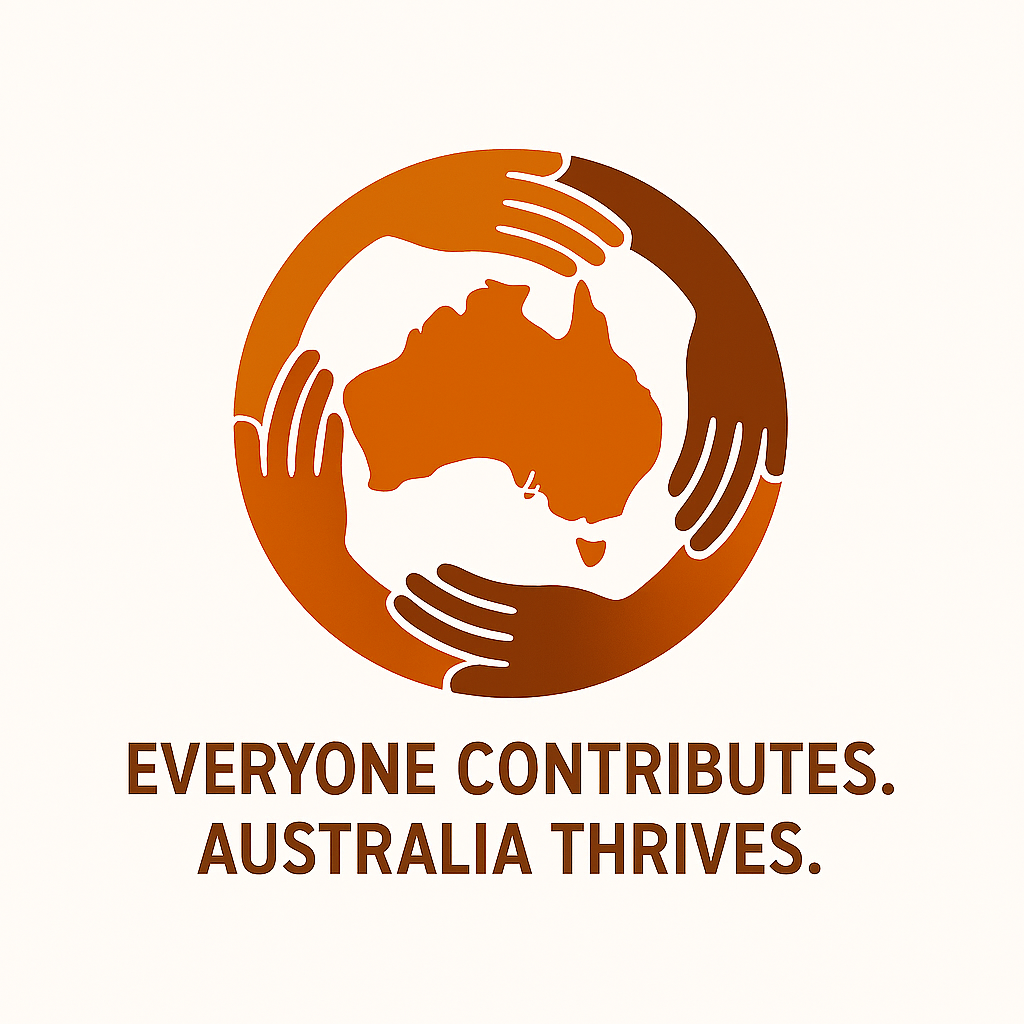 A logo with clean. modern flat design, in warm brown tones. The logo consists of a map of Australia encircled by interlocking hands. It has a bold, modern tagline beneath it. “EVERYONE CONTRIBUTES. AUSTRALIA THRIVES.”